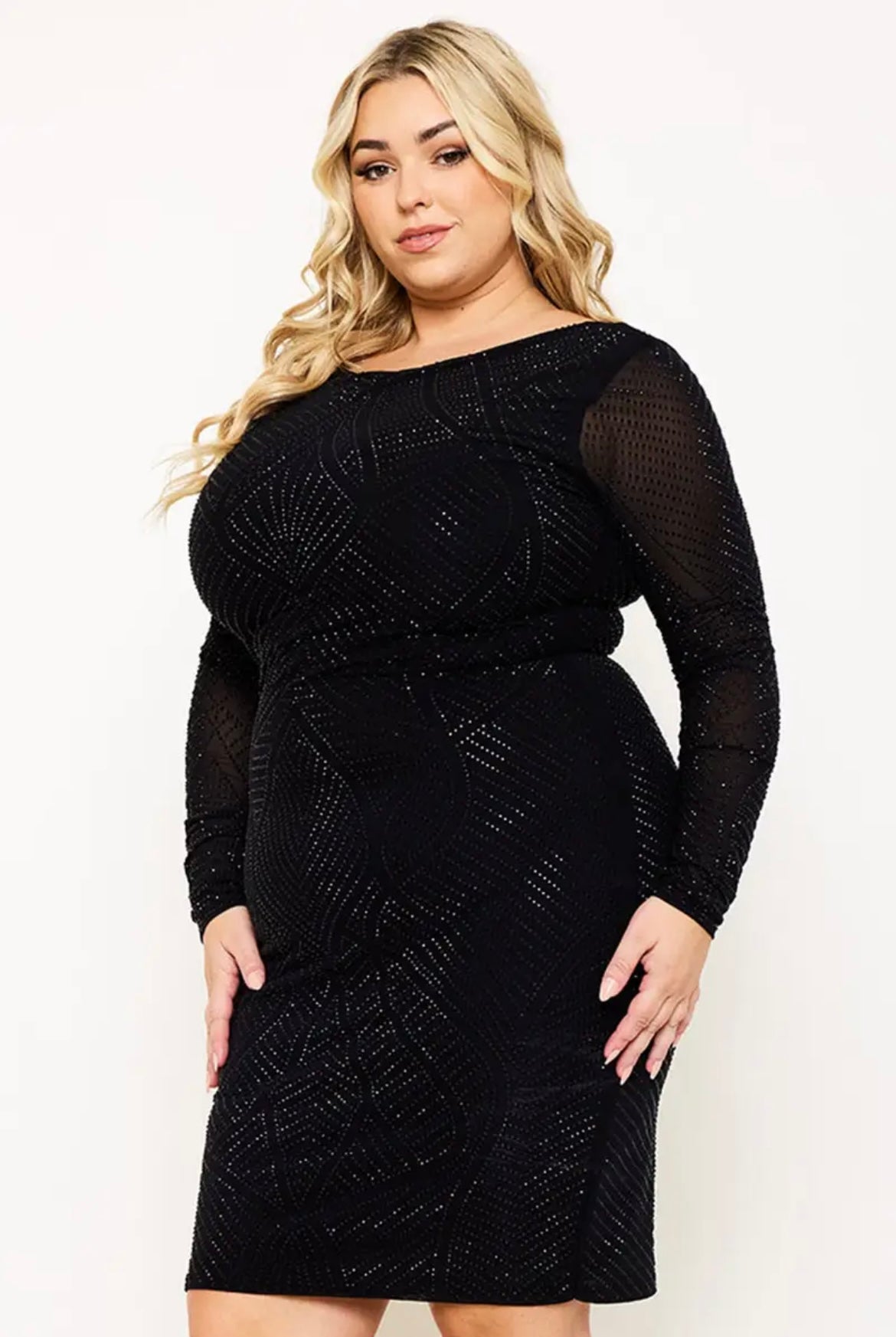 Plus Maggie Rhinestone front and back Midi Dress- Black