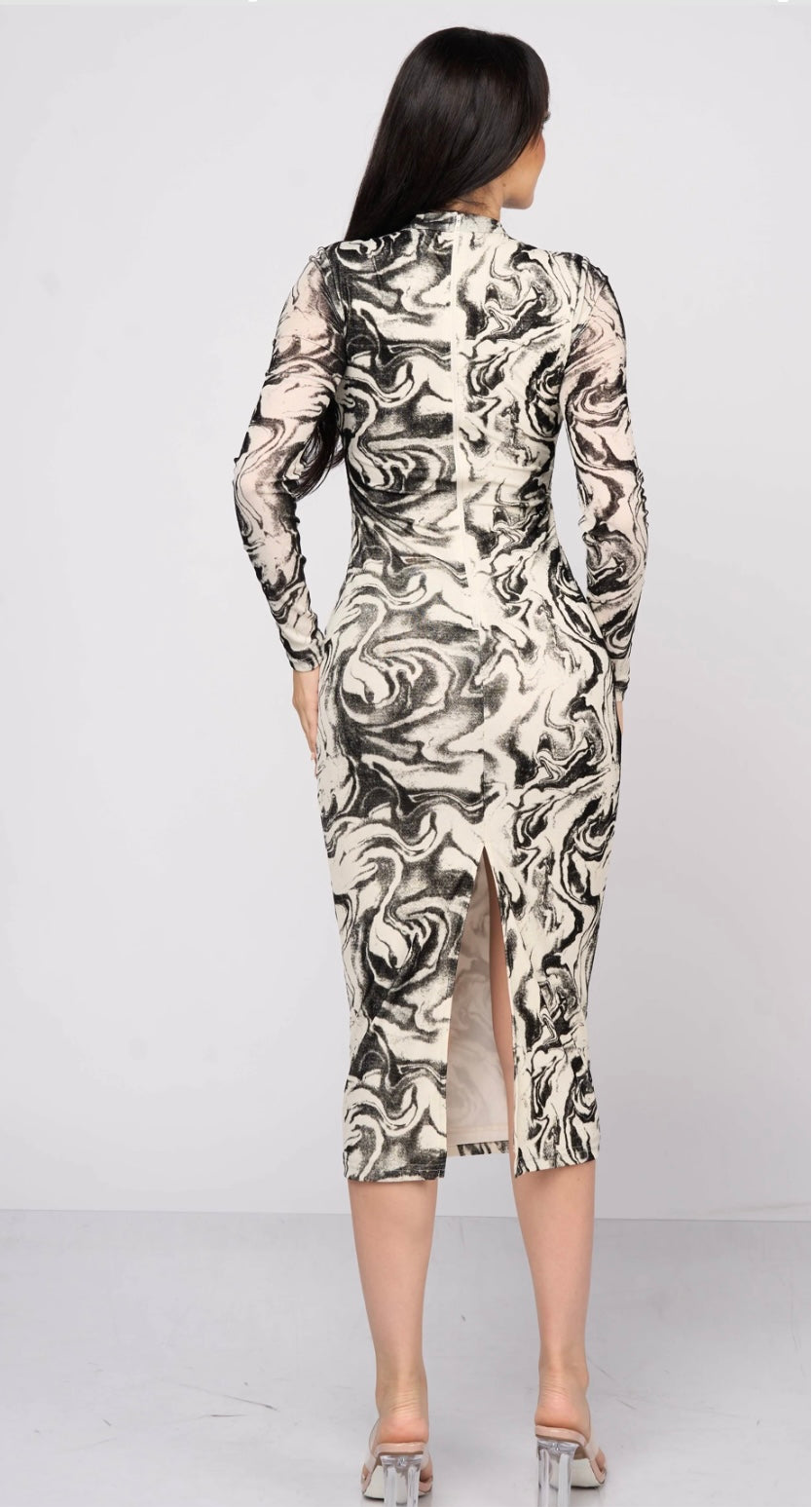 Amour Marble Sheath Midi Dress - Black & White