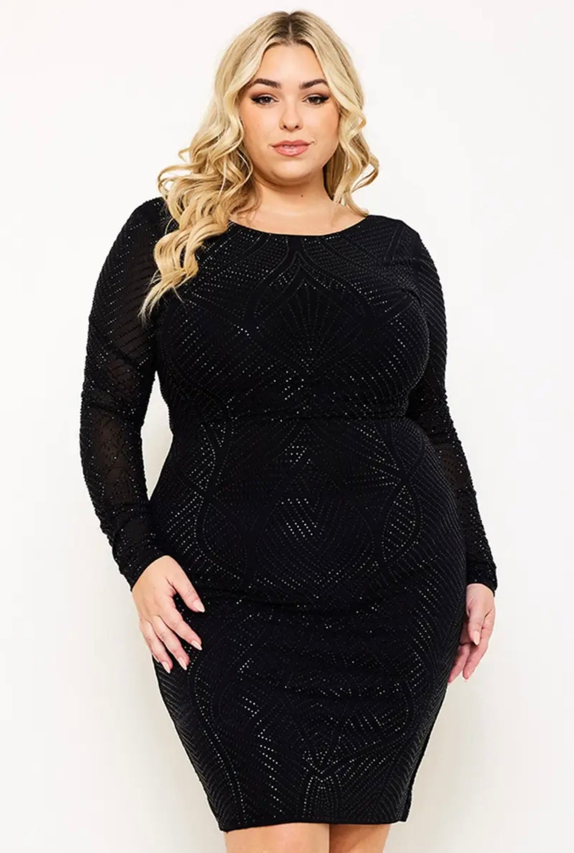 Plus Maggie Rhinestone front and back Midi Dress- Black