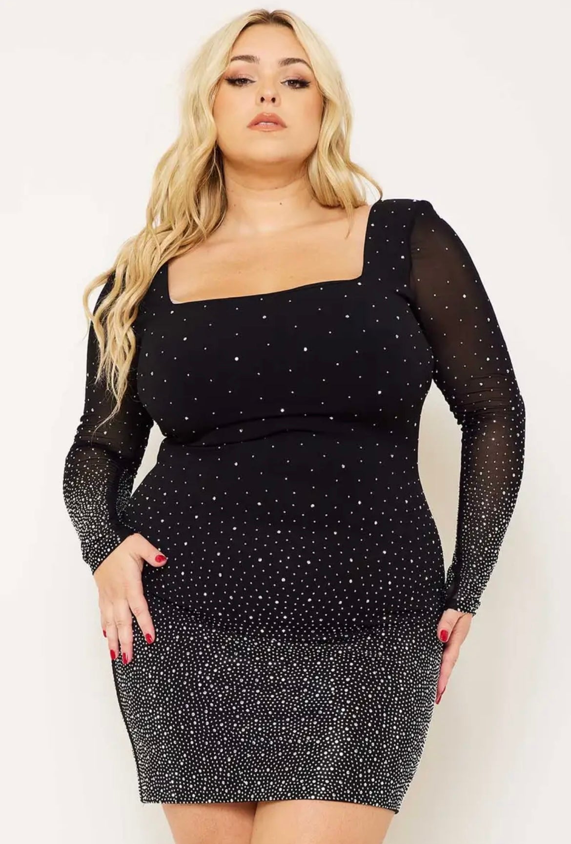 Plus Ombre Rhinestone on mesh Mini Dress- Black