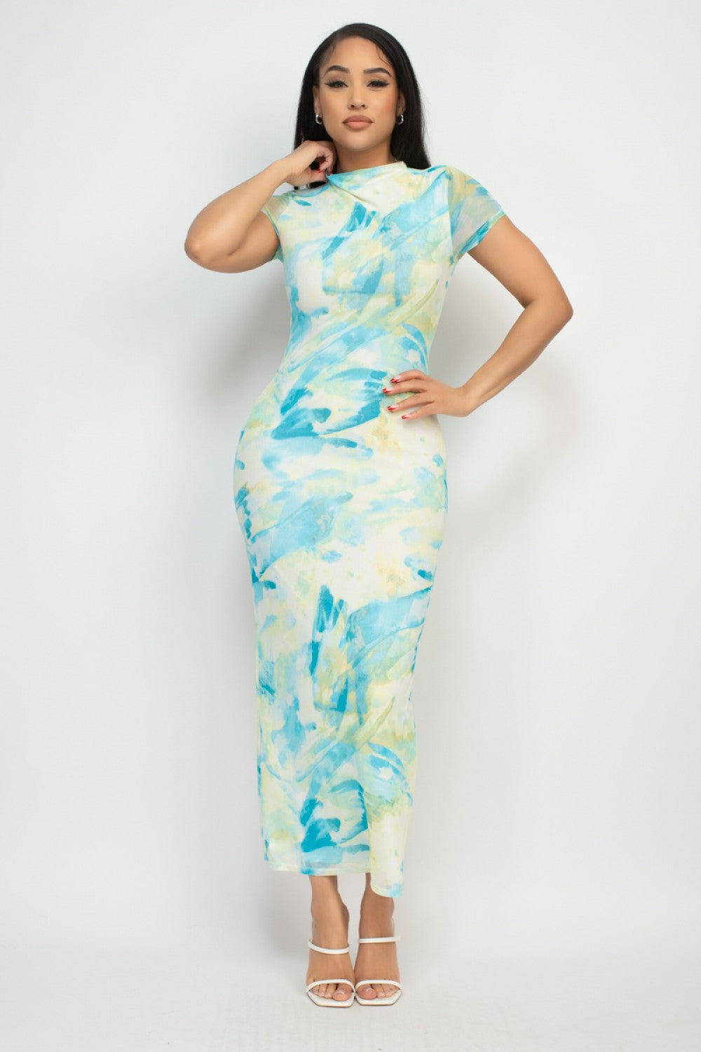 Sabrina Mesh Printed Dress (Knit)- Aqua/Yellow