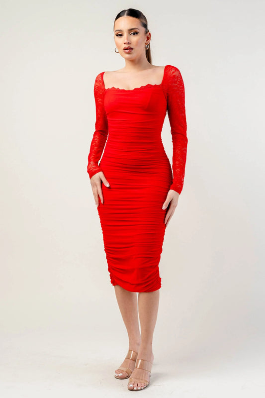 Tatiana Mesh lace trim sweetheart ruched Midi Dress - Red