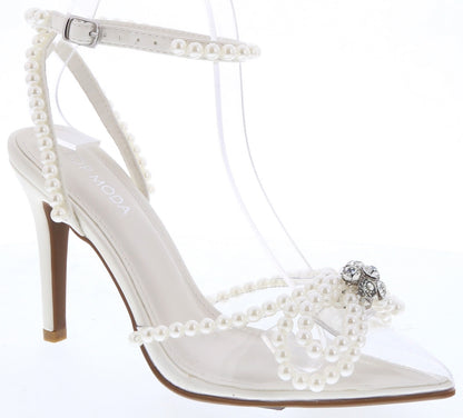 Perla Embellished Ankle Wrap Pumps - White
