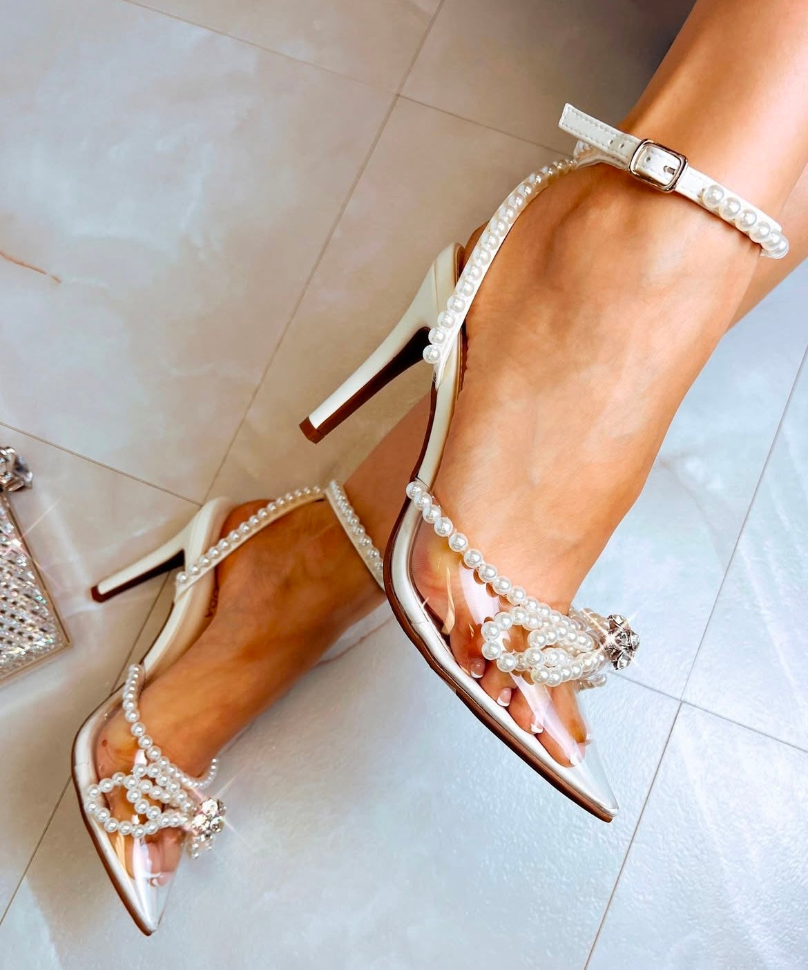Perla Embellished Ankle Wrap Pumps - White