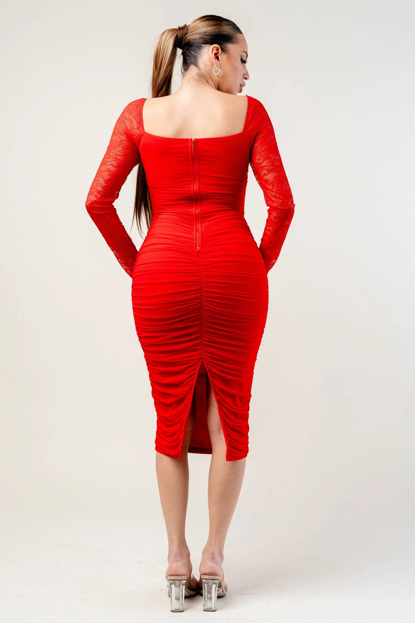 Tatiana Mesh lace trim sweetheart ruched Midi Dress - Red