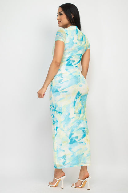 Sabrina Mesh Printed Dress (Knit)- Aqua/Yellow