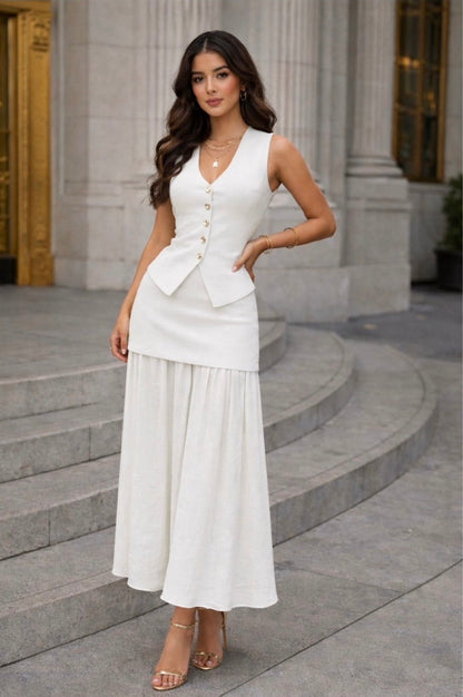 WHITE SLEEVELESS VEST AND MAXI SKIRT SET
