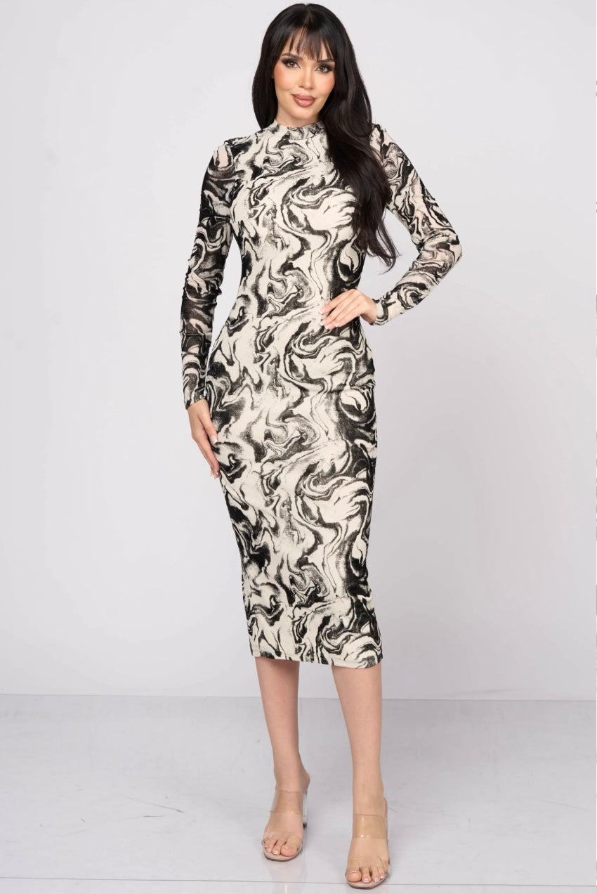 Amour Marble Sheath Midi Dress - Black & White