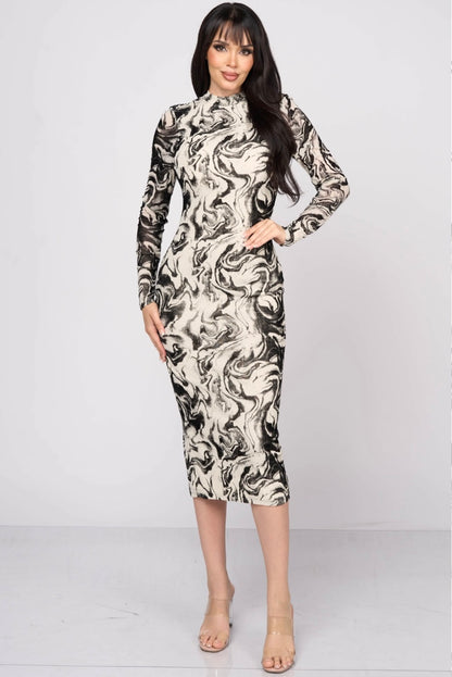 Amour Marble Sheath Midi Dress - Black & White