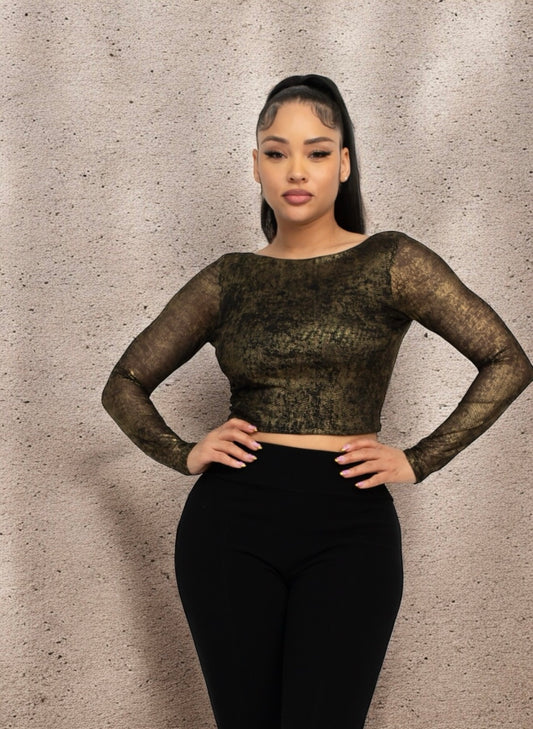 Kim Mesh Long Sleeve Crop Top - Black
