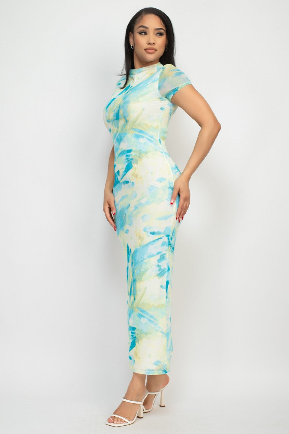 Sabrina Mesh Printed Dress (Knit)- Aqua/Yellow
