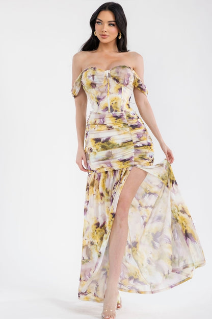 Floral Ruched Off-shoulder Maxi Dress With High Slit