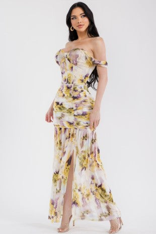Floral Ruched Off-shoulder Maxi Dress With High Slit