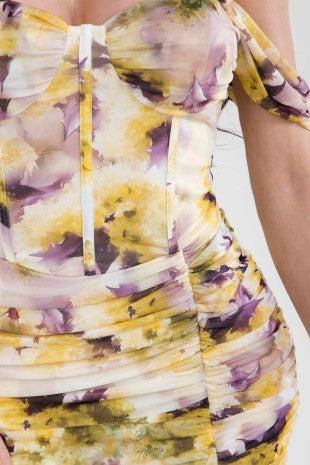 Floral Ruched Off-shoulder Maxi Dress With High Slit