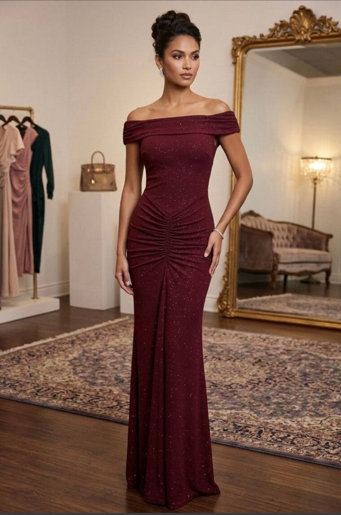 ITY GLITTER OFF SHOULDER MAXI DRESS- BURGUNDY