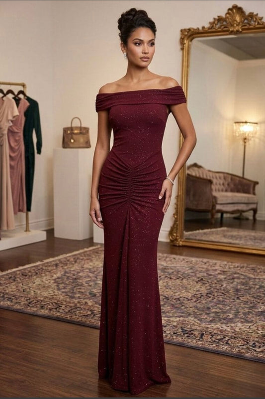 ITY GLITTER OFF SHOULDER MAXI DRESS- BURGUNDY