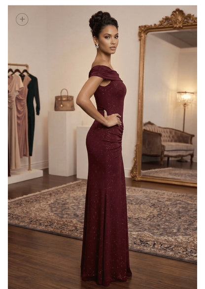 ITY GLITTER OFF SHOULDER MAXI DRESS- BURGUNDY