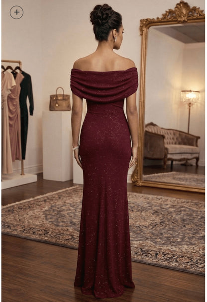 ITY GLITTER OFF SHOULDER MAXI DRESS- BURGUNDY