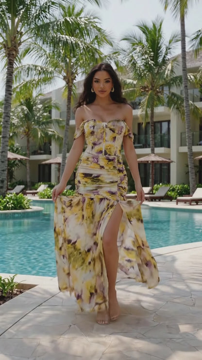 Floral Ruched Off-shoulder Maxi Dress With High Slit